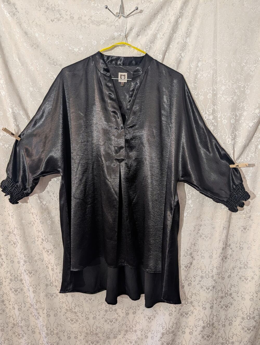 Anne Klein Metallic Shimmer High Low Tunic Blouse Black Smocked Cuffs